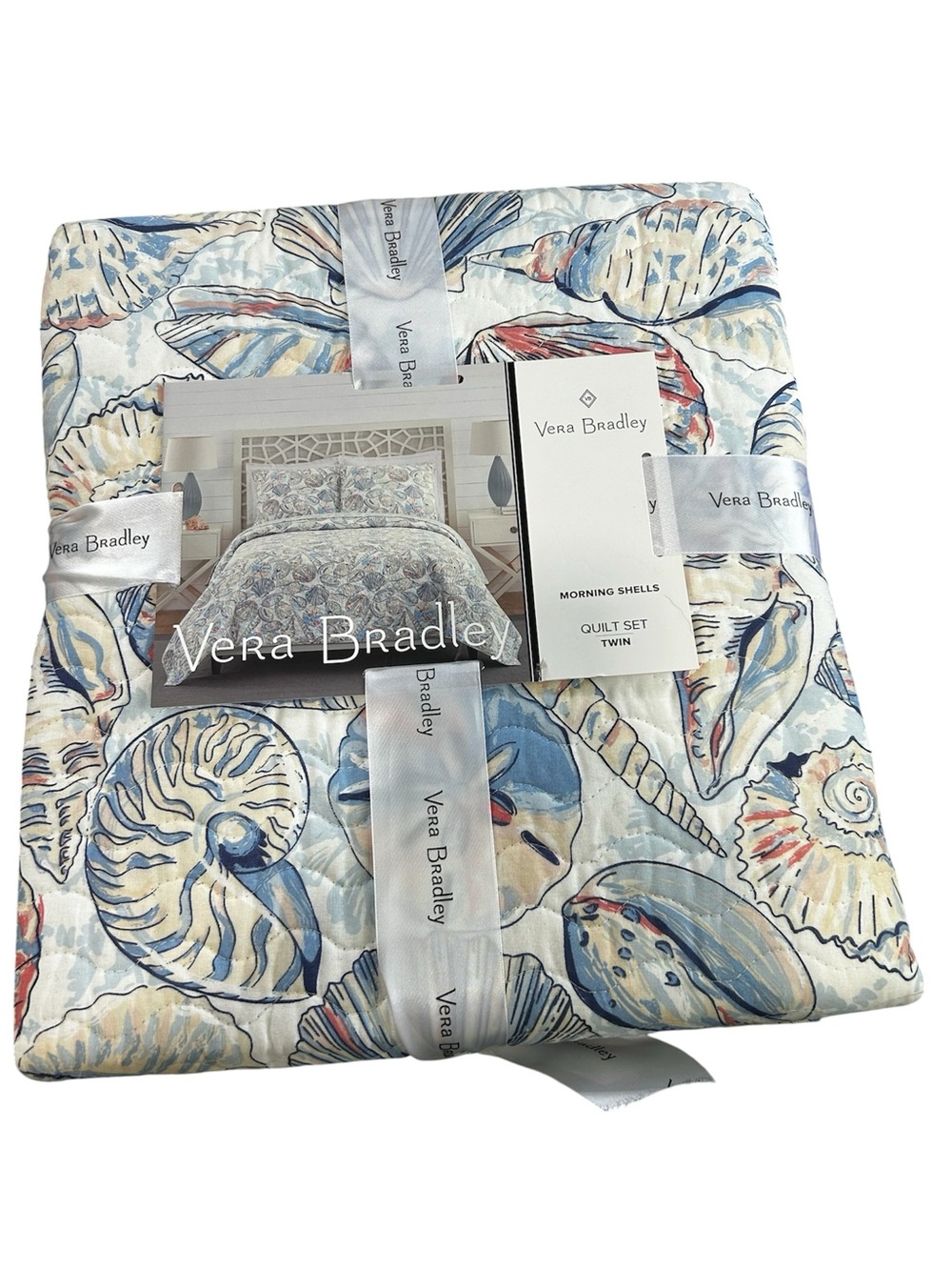 Vera Bradley Morning Shells Twin Quilt Set in Blue and Cream with Coral Accents - Picture 2 of 3